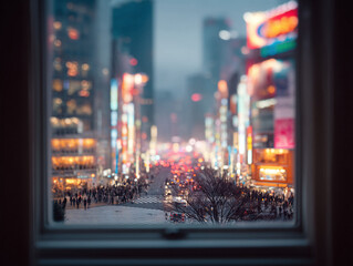 Cityscape seen through a window, blurred background. Evening urban scene, abstract. Great for travel blogs, cityscape visuals, and modern layouts.