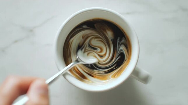 Cinematic top-down slow-motion of milk swirling into dark coffee as a silver spoon stirs a porcelain cup. Creamy patterns, gentle steam, and soft reflections create an elegant, mindful coffee ritual.

