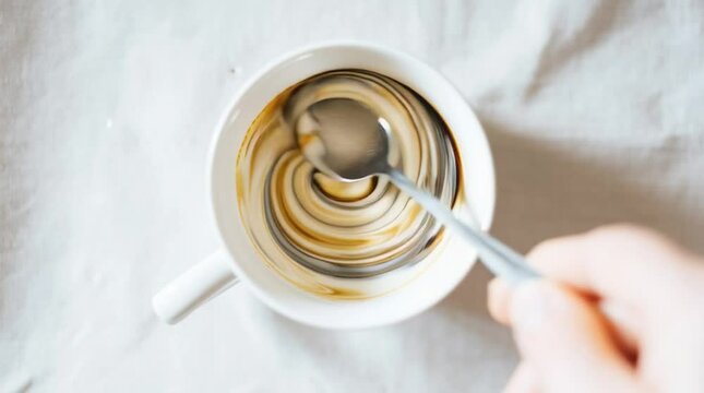 Cinematic top-down slow-motion of milk swirling into dark coffee as a silver spoon stirs a porcelain cup. Creamy patterns, gentle steam, and soft reflections create an elegant, mindful coffee ritual.
