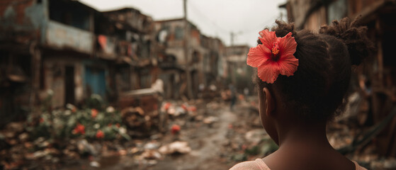 7-year-old unrecognizable latina girl is looking at a full of debris slums alley
