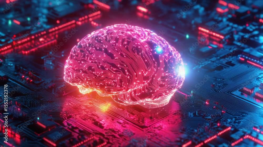 Poster A computer motherboard with a glowing brain component, ideal for tech and innovation illustrations