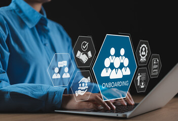 Onboarding Process for New Employees. Businesspeople use laptop with onboarding icons, symbolizing...
