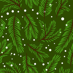 Seamless vector pattern of green fir tree branches and snow on a dark green background