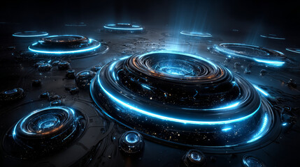 Blue neon light circles set isolated on black background. Vector realistic illustration of round frames glowing in darkness with shimmering particles, futuristic space portal, nightclub decoration