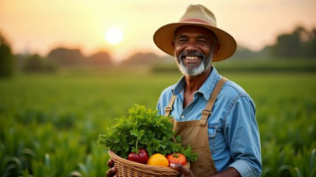 Happy elderly African American man in hat holding basket with fresh vegetables standing on green field during harvest season at sunset, Organic farming, organic food, harvesting