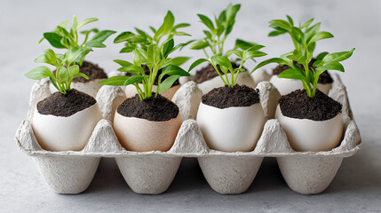 Eco-friendly seed starters made with soil-filled eggshells in carton tray
