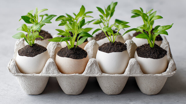 Eco-friendly seed starters made with soil-filled eggshells in carton tray