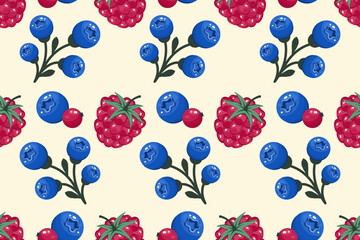 Fruits Seamless pattern. Berries background. Bunch of Blueberry, red currants, raspberry. Whole Ripe fruits on white background. Repeatable texture with fresh juicy vitamin. Vector illustration