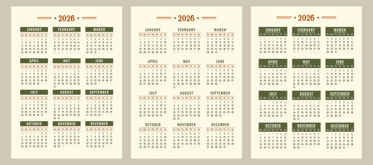 Calendar 2026 set. Vintage daily planner template with minimalist design. Monthly pages for wall print, desktop, business. Printable stationery. Week starts on Sunday. Vector flat illustration