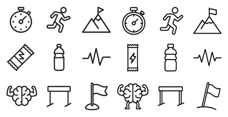 Fitness and training outline icons set – silhouette, linear, exercise and health symbols