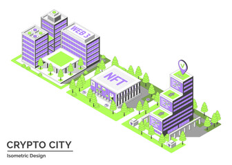 Cartoon Color Startup Coworking, NFT Gallery and Smart Contract Hub Building Crypto City Concept 3d Isometric View Line Elements. Vector illustration