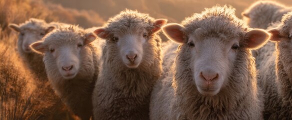 Fototapeta premium The tranquil flock of sheep grazing in a picturesque rural setting at sunset.