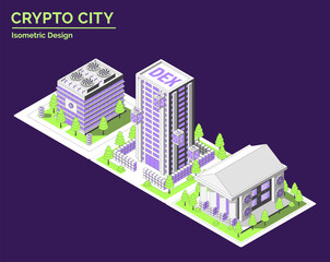 Cartoon Color Mining Farm, Blockchain Museum and DEX Building Crypto City Concept 3d Isometric View Line Elements. Vector illustration