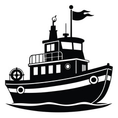 Fototapeta premium Striking Black and Boat Illustration Featuring Details Like Flag, Life Preserver, and Windows