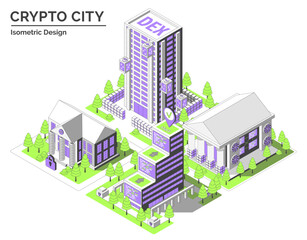 Cartoon Color Smart Contract Hub, Bank, Blockchain Museum and DEX Building Crypto City Concept 3d Isometric View Line Elements. Vector illustration