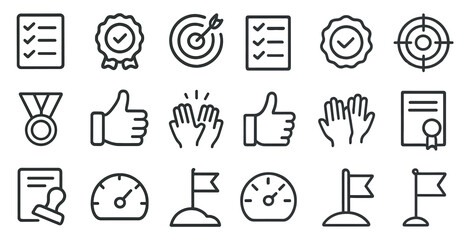 Productivity and achievement icon set – outline, task management, goal tracking symbols