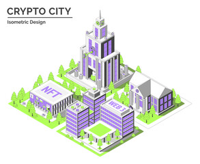 Cartoon Color Wallet Company, NFT Gallery, Startup Coworking and Bank Building Crypto City Concept 3d Isometric View Line Elements. Vector illustration