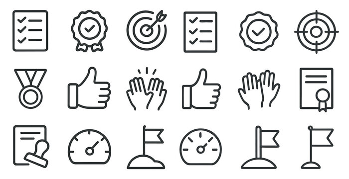 Productivity and achievement icon set – outline, task management, goal tracking symbols