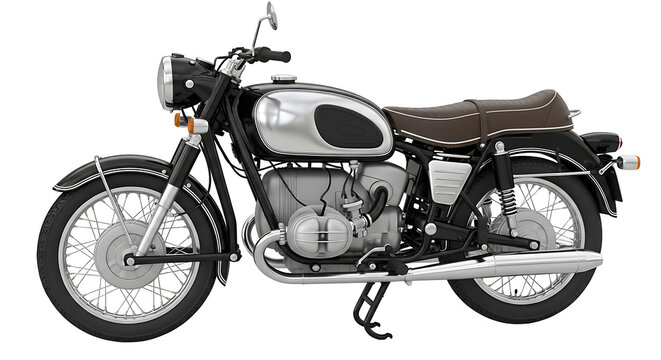 A classic black and silver motorcycle with a brown seat is displayed on a white background.
