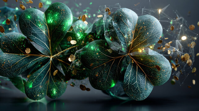 Clover shamrock 3d vector irish pattern. St Patrick day realistic green border for banner with leaf confetti. Isolated on transparent background. Four lucky grass leaves symbol for advertising - Powered by Adobe