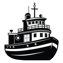 Obraz premium Stylized Black and Maritime Boat Illustration Depicting A Nautical Tugboat Silhouette with Details