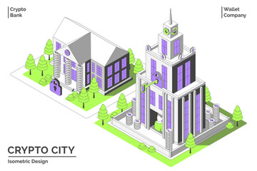 Cartoon Color Bank and Wallet Company Building Crypto City Concept 3d Isometric View Line Elements. Vector illustration