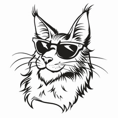 Cool Maine Coon Cat Wearing Sunglasses, Line Art Illustration