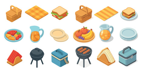 Picnic and outdoor isometric icons set – 3d, flat, camping and bbq graphics