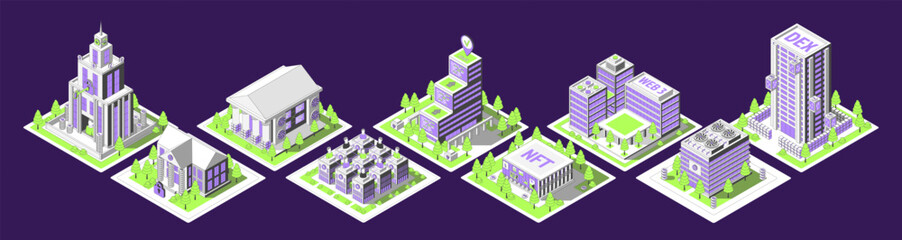 Cartoon Color Different Types Buildings Architecture Crypto City Concept 3d Isometric View Line Elements. Vector illustration