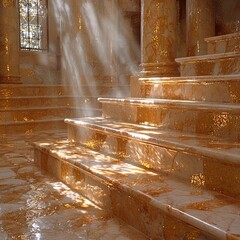 Golden Sunlight Rays Illuminating Wet Stone Steps