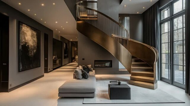 Contemporary interior with wooden staircase and modern lighting design