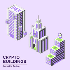 Cartoon DEX, Wallet Company and Smart Contract Hub Crypto Buildings City Architecture Concept 3d Isometric View Line Elements. Vector illustration