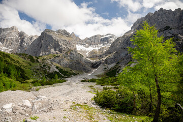 Rocky alpine valley surrounded by dramatic mountain peaks in the Austrian Alps