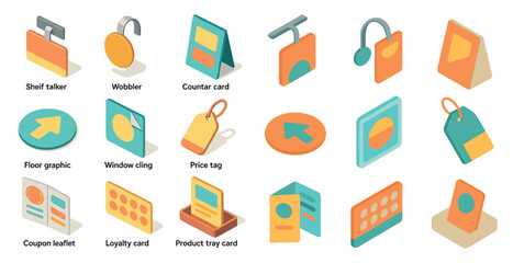 Retail marketing icons set &ndash; isometric, flat, merchandising and promotion symbols