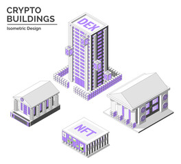 Cartoon Color DEX, NFT Gallery, Blockchain Museum and Virtual Exchange Crypto Buildings Isolated on a White Background City Concept 3d Isometric View Line Elements. Vector illustration