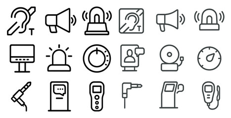 Hearing and alert linear icons set – line style, audio, notification symbols