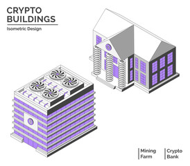 Cartoon Color Mining Farm and Bank Crypto Buildings Isolated City Concept 3d Isometric View Line Elements. Vector illustration