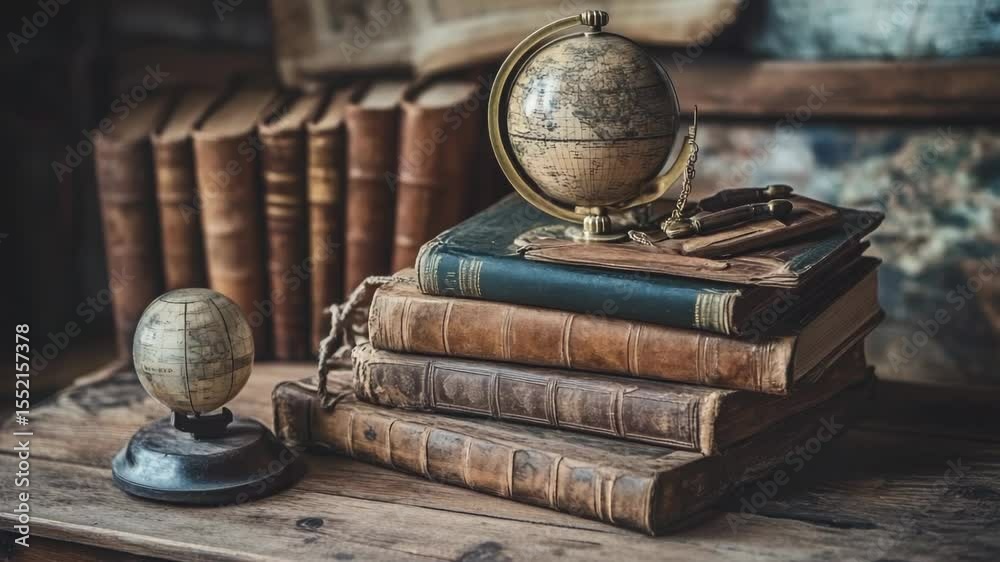 Poster a globe sits atop a stack of books, symbolizing knowledge and exploration