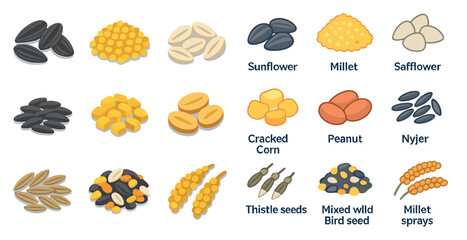 Bird seeds icons set in flat style – nutrition, wildlife feeding symbols