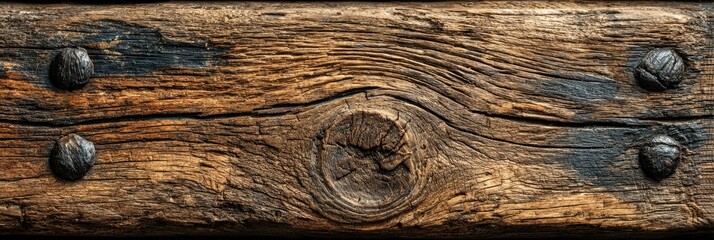 Weathered wooden beam with metal nails showcasing natural textures and historical craftsmanship