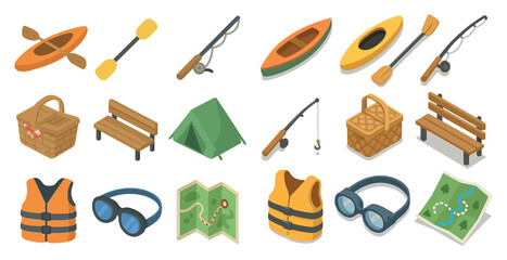 Outdoor and camping isometric icons set – adventure, nature, travel essentials