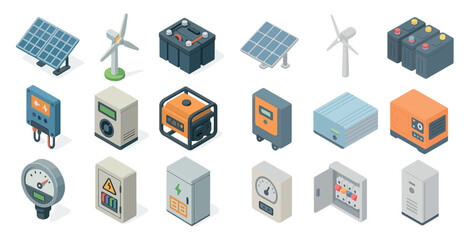 Renewable energy isometric icons set – solar, wind, battery storage designs