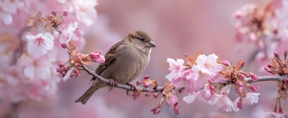 The sparrow perched among blooming cherry blossom flowers in springtime.