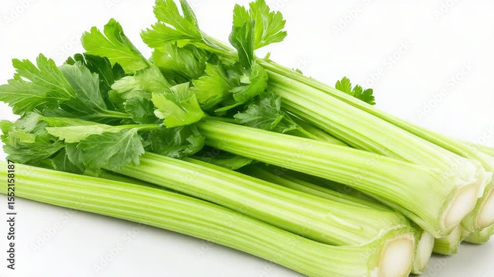 Poster a bundle of fresh celery stalks arranged neatly on a white surface, ideal for use in still life phot