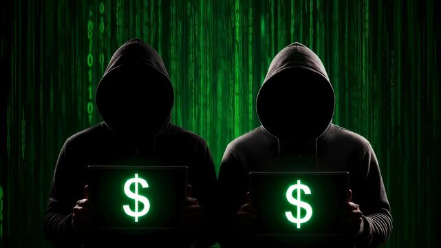 Two silhouettes of men with hoods holding a screen with glowing dollar sign, dark net with money hacker concept footage.