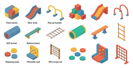 Obraz premium Playground and recreation isometric icons set – 3d, playful, fun symbols