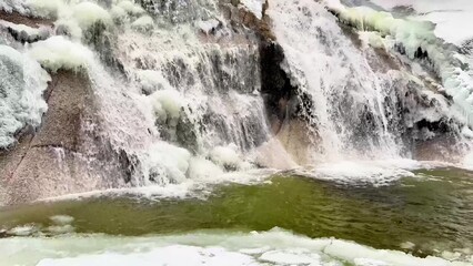 Forest river and waterfall in winter. High quality 4k footage