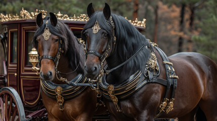 Obraz premium Cartoon horse and cart transport collection. Elegant brown stallions harnessed to antique vehicles - luxury carriage, vintage phaeton, wooden delivery wagon. Historical fairytale or game assets.