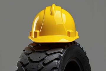 a yellow hard hat on top of a tire