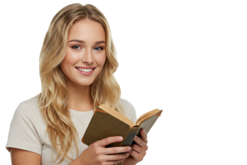 Smiling Young Woman Engages with a Classic Book, Embodying Joyful Learning and Intellectual Curiosity on transparent background.